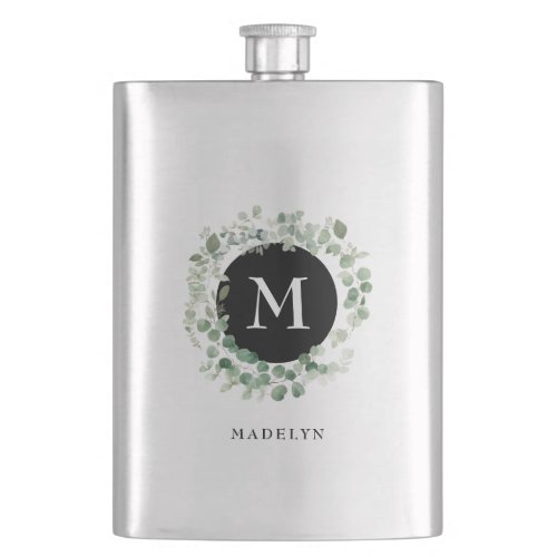 Elegant Eucalyptus Greenery Monogram Wreath Flask