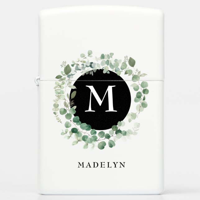 Elegant Eucalyptus Greenery Monogram Wreath Flask Zippo Lighter (Front)