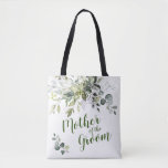 Elegant Eucalyptus Greenery Mother of the Groom Tote Bag<br><div class="desc">Watercolor Ivory White Roses Greenery "mother of the groom" script and custom name on the back, elegant and romantic, great personalized gifts for mother of the groom. For further customization, please click the "customize further" link and use our design tool to modify this template. If you need help or matching...</div>