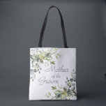 Elegant Eucalyptus Greenery Mother of the Groom Tote Bag<br><div class="desc">Watercolor Ivory White Roses Greenery "mother of the groom" script and custom name on the back, elegant and romantic, great personalized gifts for mother of the groom. For further customization, please click the "customize further" link and use our design tool to modify this template. If you need help or matching...</div>