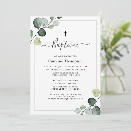 Elegant Eucalyptus Greenery Navy Baptism Invitation | Zazzle