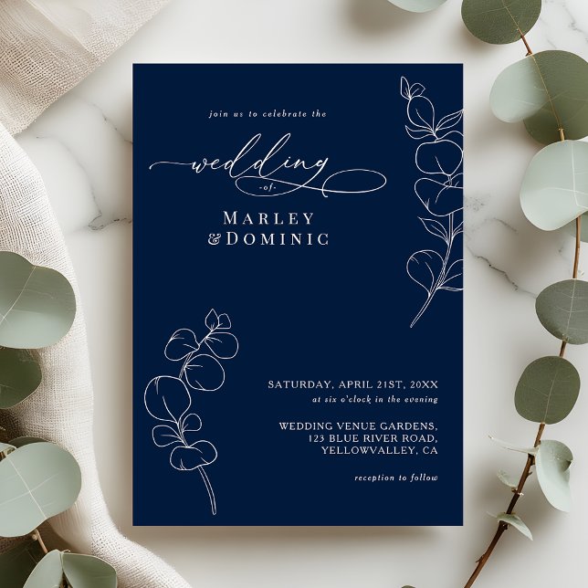 Elegant Eucalyptus Greenery Navy Blue Wedding Invitation (Creator Uploaded)