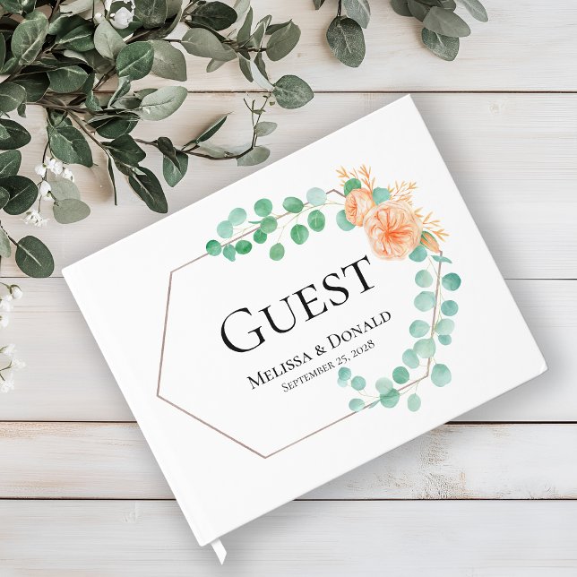 Elegant Eucalyptus Greenery Peach Floral Wedding Guest Book (Creator Uploaded)