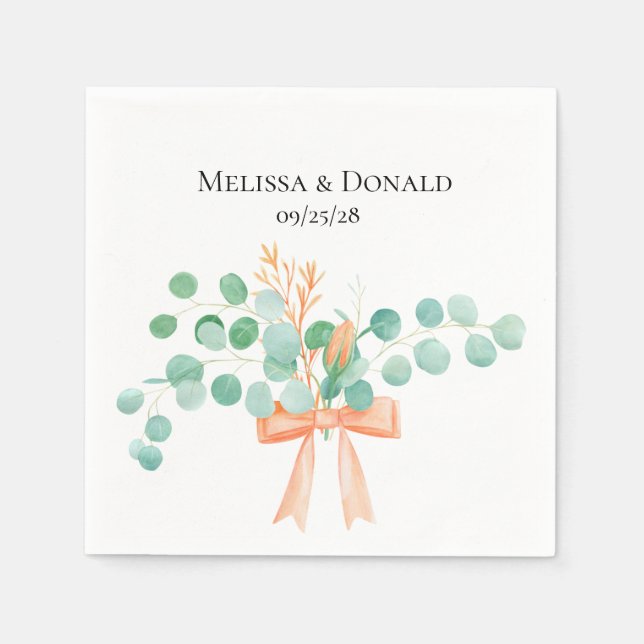 Elegant Eucalyptus Greenery Peach Floral Wedding Napkins (Front)