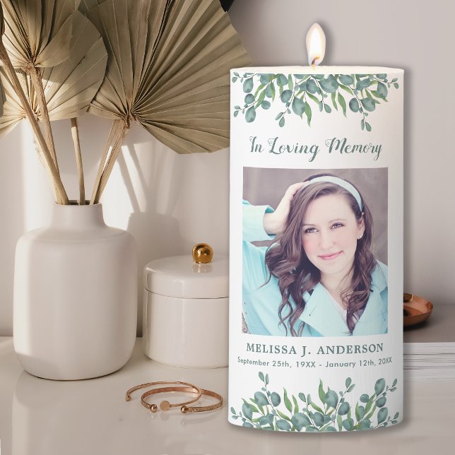 Elegant Eucalyptus Greenery Photo In Loving Memory Pillar Candle (Creator Uploaded)