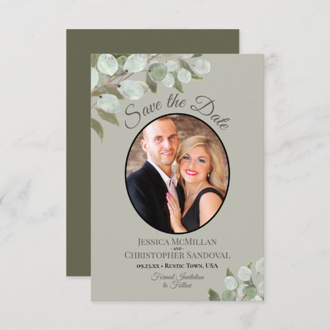 Elegant Eucalyptus Greenery & Photo Sage Wedding Save The Date (Front/Back)