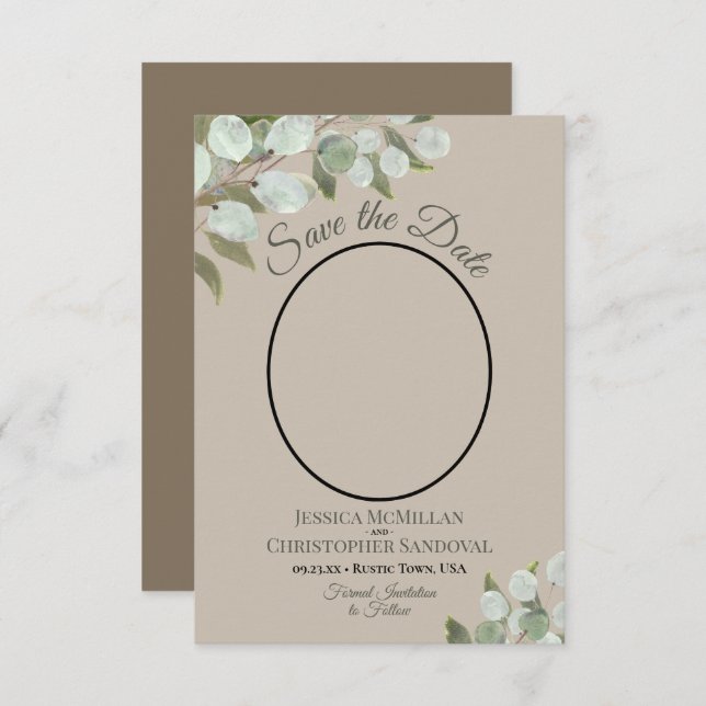 Elegant Eucalyptus Greenery & Photo Tan Wedding Save The Date (Front/Back)