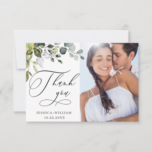 Elegant Eucalyptus Greenery PHOTO Wedding Thank You Card (Front)