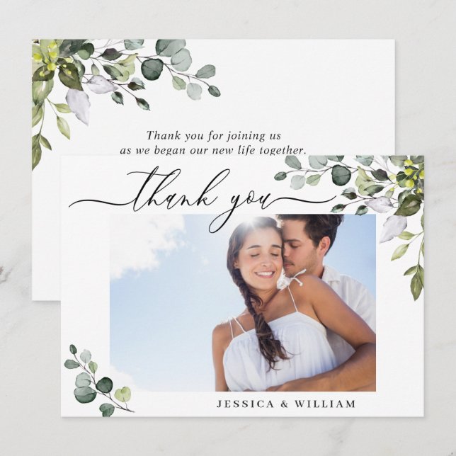 Elegant Eucalyptus Greenery PHOTO Wedding Thank You Card (Front/Back)