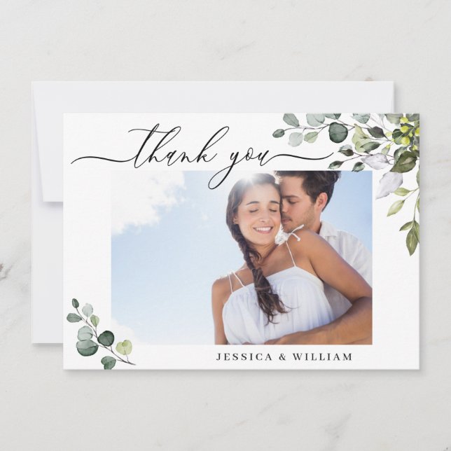Elegant Eucalyptus Greenery PHOTO Wedding Thank You Card (Front)