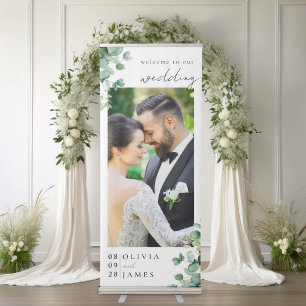 Elegant Eucalyptus Greenery Photo Wedding Welcome Retractable Banner