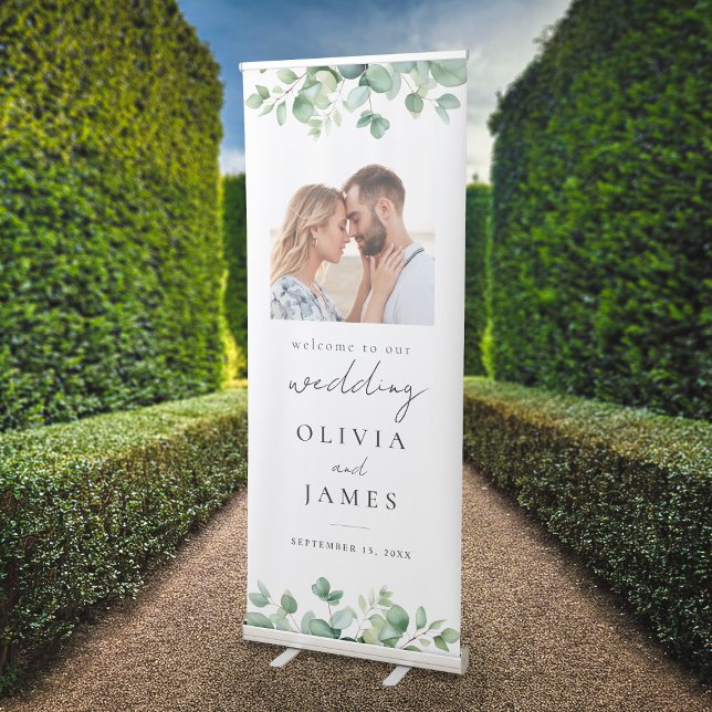 Elegant Eucalyptus Greenery Photo Wedding Welcome Retractable Banner (Creator Uploaded)
