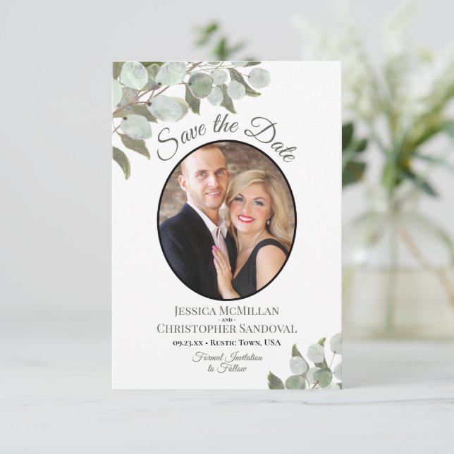 Elegant Eucalyptus Greenery & Photo White Wedding Save The Date (Standing Front)