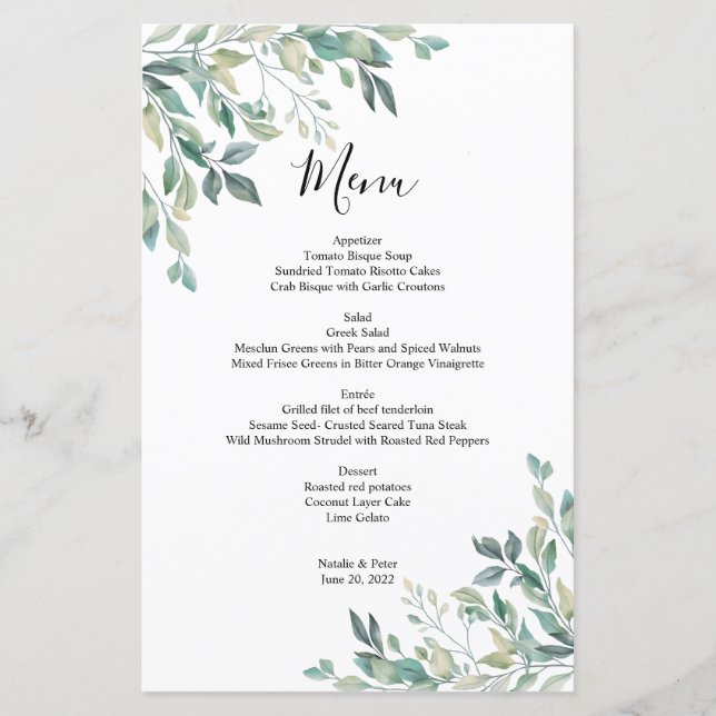 Elegant Eucalyptus Greenery Rustic Wedding Menu (Front)