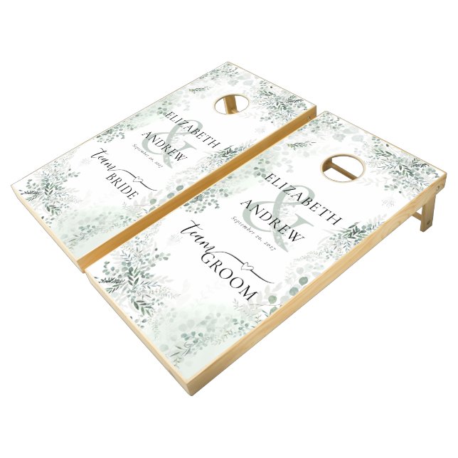 Elegant Eucalyptus Greenery Sage Green Wedding Cornhole Set (Angled)