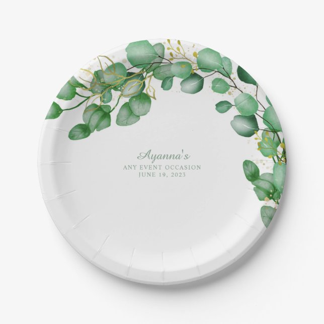 Elegant Eucalyptus Greenery Sage Paper Plates (Front)