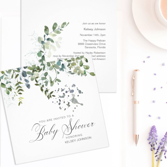Elegant Eucalyptus Greenery Script Baby Shower Invitation (Creator Uploaded)