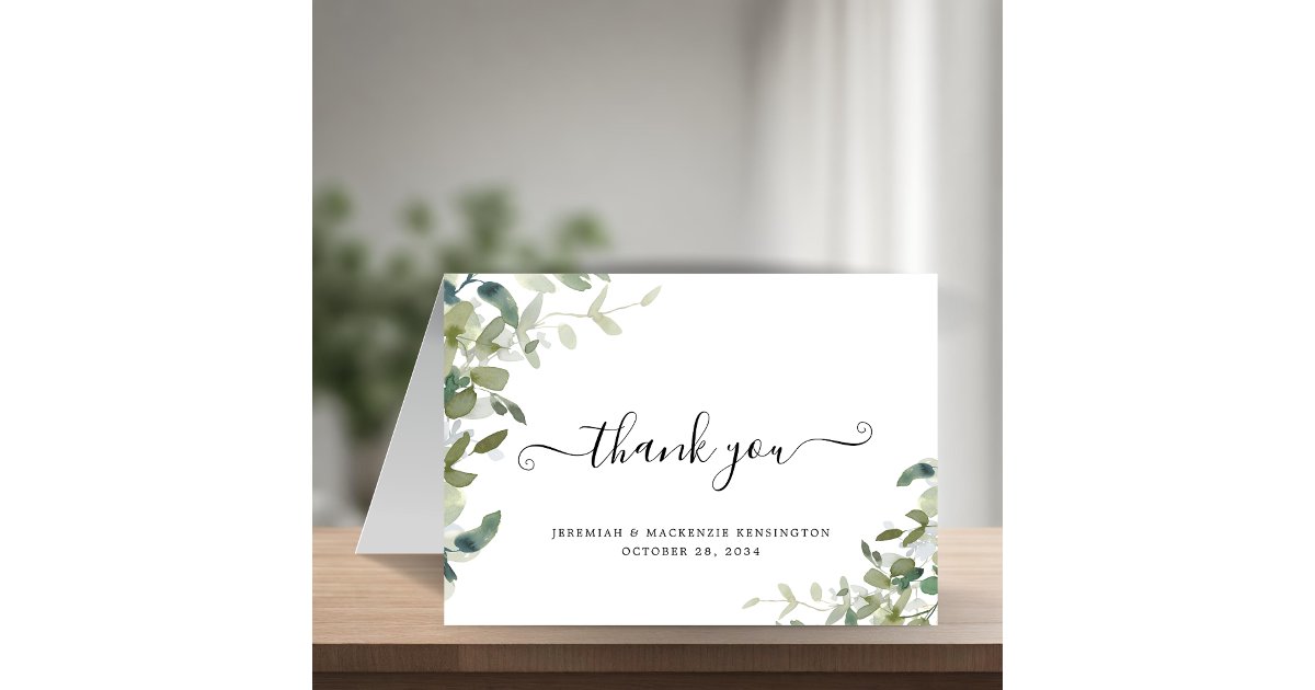 Elegant Eucalyptus Greenery Script Wedding Thank You Card | Zazzle