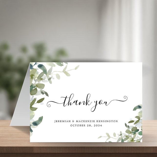 Elegant Eucalyptus Greenery Script Wedding Thank You Card (Elegant Eucalyptus Greenery Script Wedding Thank You Card)