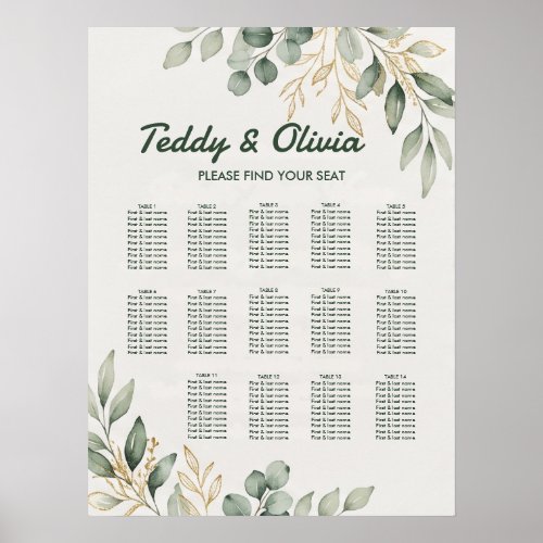 Elegant Eucalyptus Greenery  seating chart 14 tabl