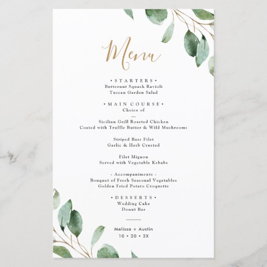 Elegant Eucalyptus Greenery Simple Wedding Menu
