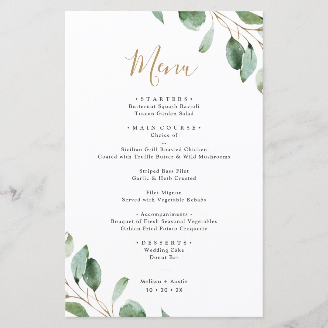Elegant Eucalyptus Greenery Simple Wedding Menu Zazzle Elegant Eucalyptus Greenery Simple Wedding Menu Zazzle