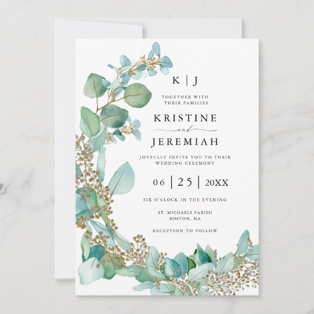 Elegant Eucalyptus Greenery Watercolor Wedding Invitation (Front)