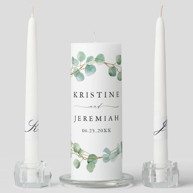 Elegant Eucalyptus Greenery Watercolor Wedding  Unity Candle Set (Front)