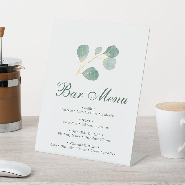 Elegant Eucalyptus Greenery Wedding Bar Menu Pedestal Sign (Creator Uploaded)