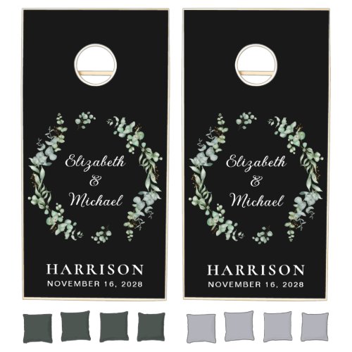 Elegant Eucalyptus Greenery Wedding Black Cornhole Set