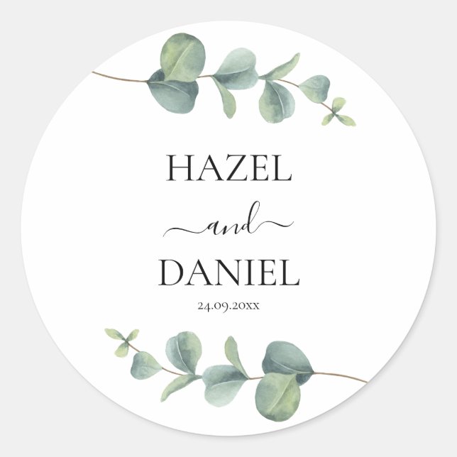 Elegant Eucalyptus Greenery Wedding  Classic Round Sticker (Front)