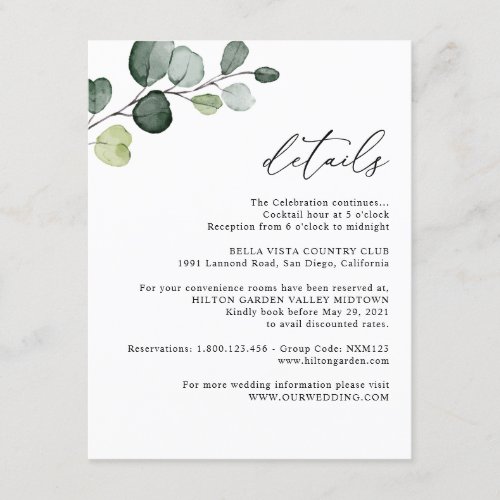 Elegant Eucalyptus Greenery Wedding Details Enclosure Card