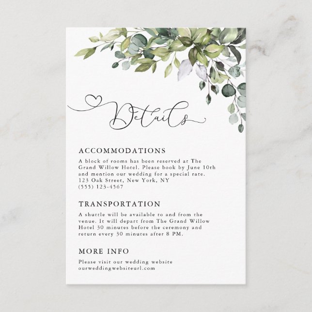 Elegant Eucalyptus Greenery Wedding Details Enclosure Card (Front)