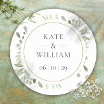 Elegant Eucalyptus Greenery Wedding Favor Classic Round Sticker<br><div class="desc">Featuring delicate watercolour leaves,  this chic botanical thank you sticker can be personalised with your special wedding day information. Designed by Thisisnotme©</div>