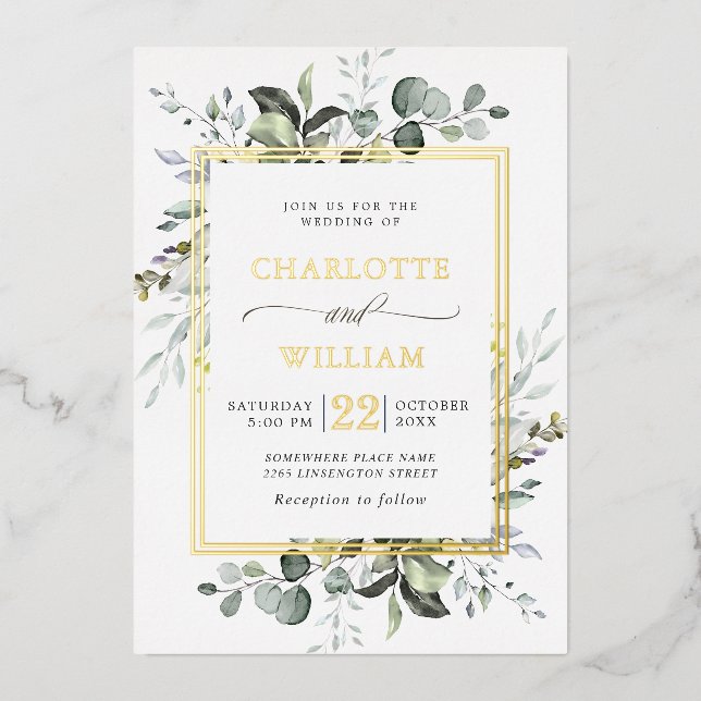 Elegant Eucalyptus Greenery Wedding Gold Foil Invi Foil Invitation (Front)