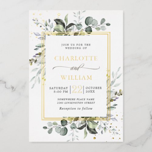 Elegant Eucalyptus Greenery Wedding Gold Foil Invitation