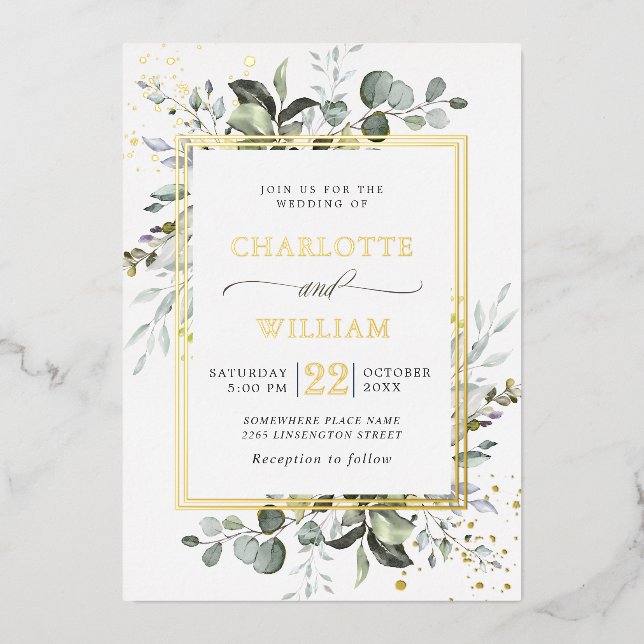 Elegant Eucalyptus Greenery Wedding Gold Foil Invitation (Front)