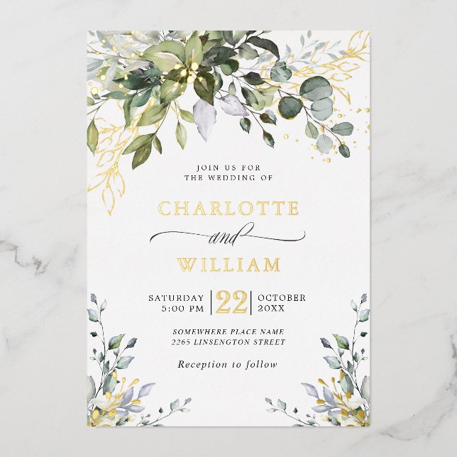 Elegant Eucalyptus Greenery Wedding Gold Foil Invitation (Front)