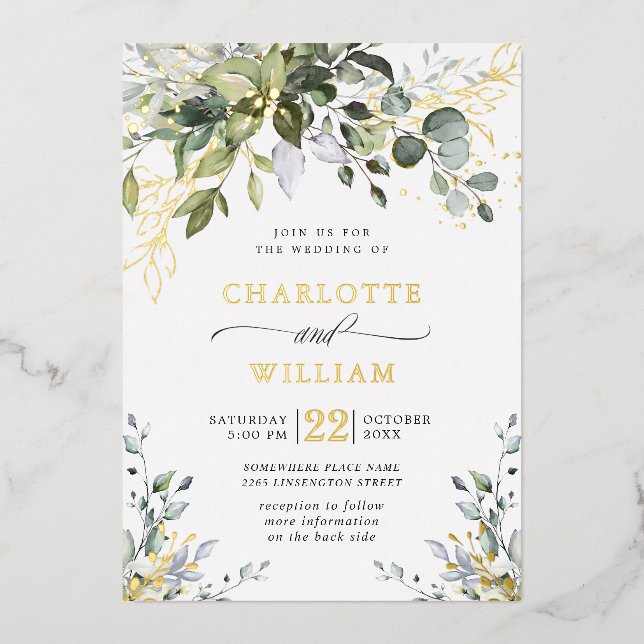 Elegant Eucalyptus Greenery Wedding Gold Foil Invitation (Front)