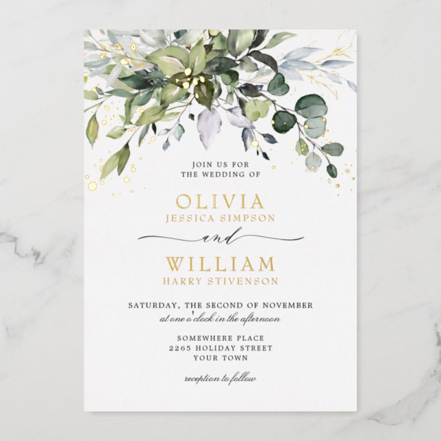 Elegant Eucalyptus Greenery Wedding Gold Foil Invitation (Front)
