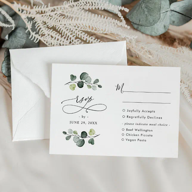 Elegant Eucalyptus Greenery Wedding Meal Options RSVP Card | Zazzle