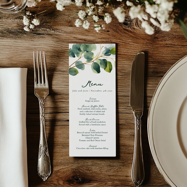 Elegant Eucalyptus Greenery Wedding Menu Card (Wedding reception dinner menu with green text and eucalyptus leaves framing the top)
