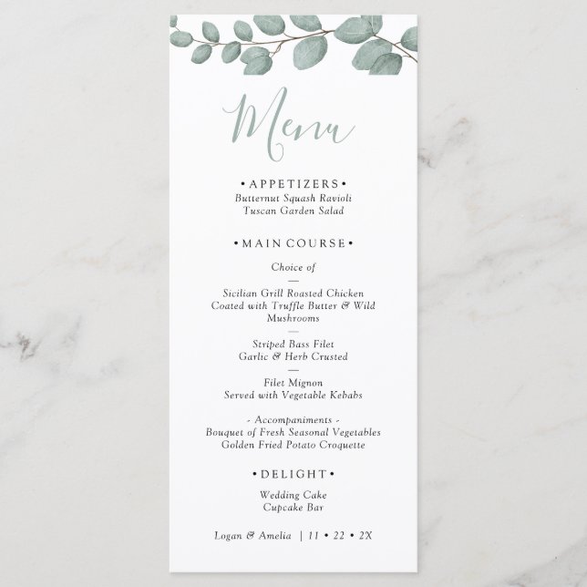 Elegant Eucalyptus Greenery Wedding Menu Card (Front)