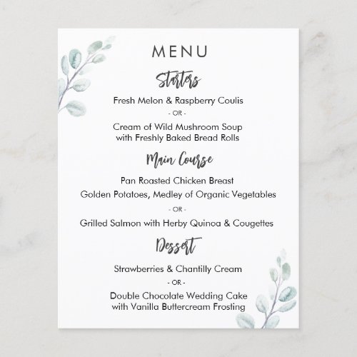 Elegant Eucalyptus Greenery Wedding Menu Card Flyer