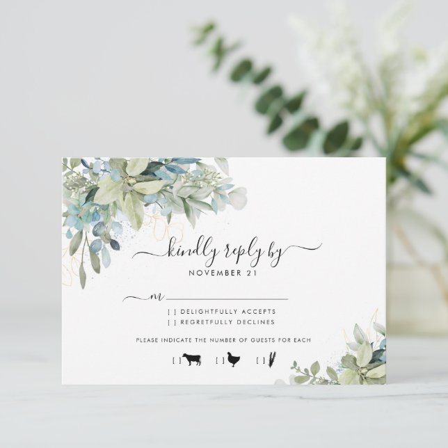Elegant Eucalyptus Greenery Wedding Menu RSVP (Standing Front)