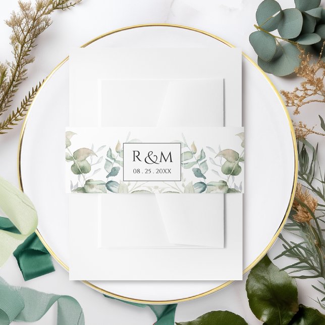 Elegant Eucalyptus Greenery Wedding Monogram Invitation Belly Band (Creator Uploaded)