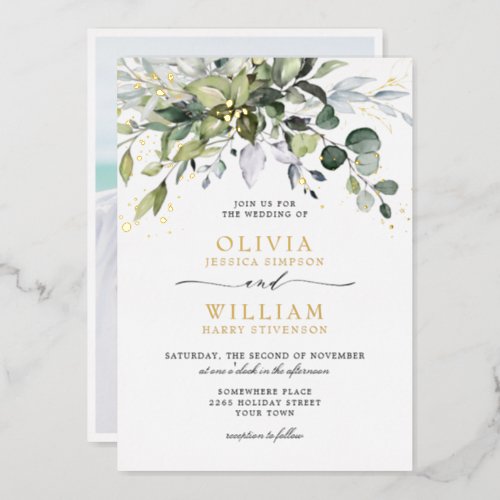 Elegant Eucalyptus Greenery Wedding Photo Gold Foil Invitation