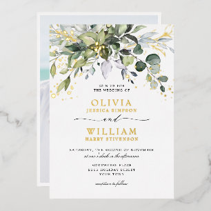 Elegant Eucalyptus Greenery Wedding Photo Gold Foil Invitation