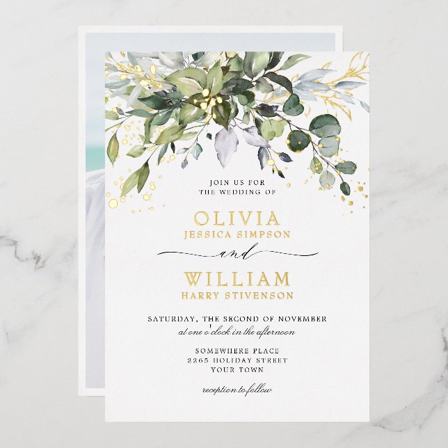 Elegant Eucalyptus Greenery Wedding Photo Gold Foil Invitation (Front/Back)