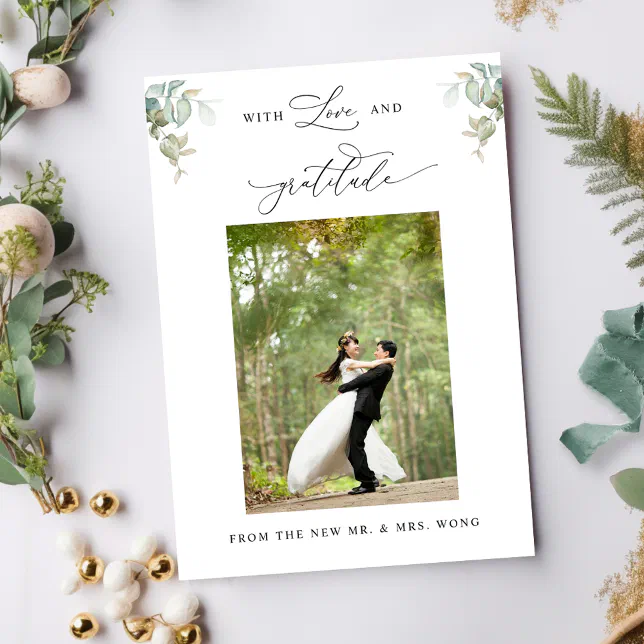 Elegant Eucalyptus Greenery Wedding Photo Thank You Card | Zazzle
